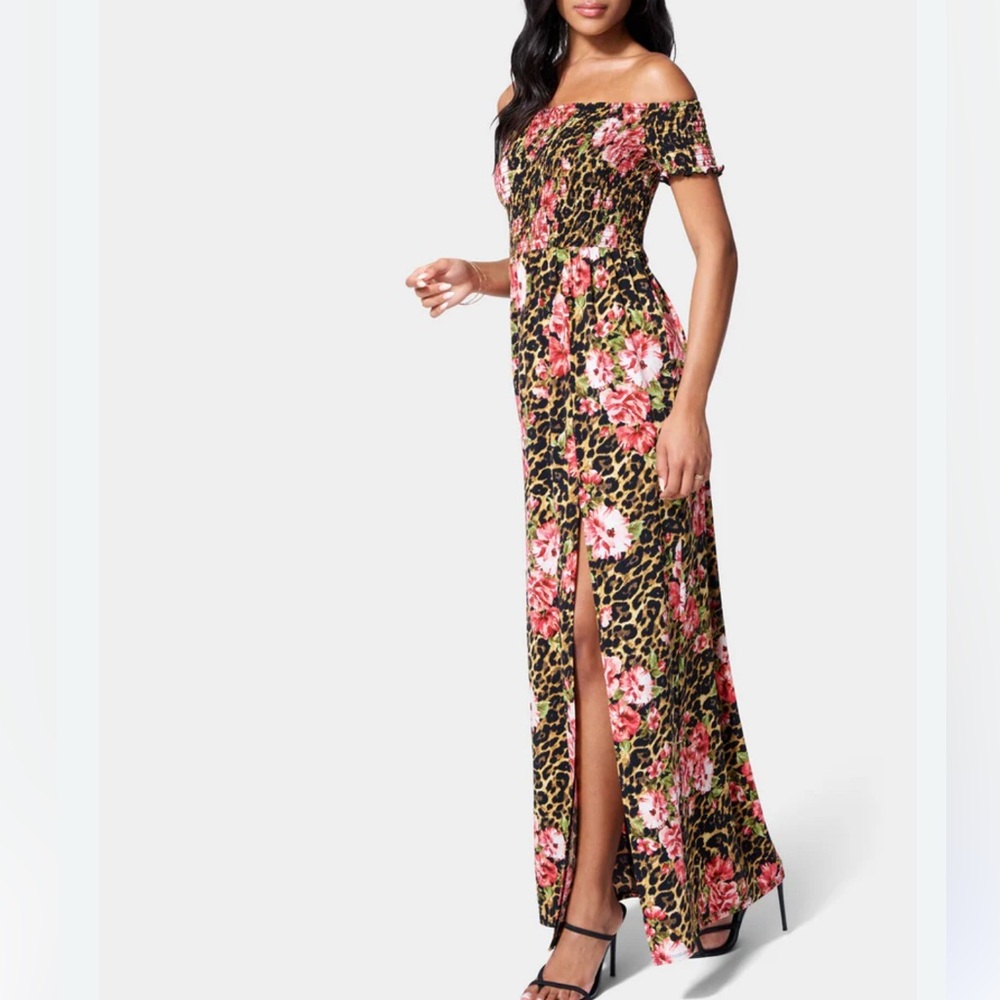 Bebe nwt  Off Shoulder Slit Maxi Dress Leopard Floral Print, Size XS | 152